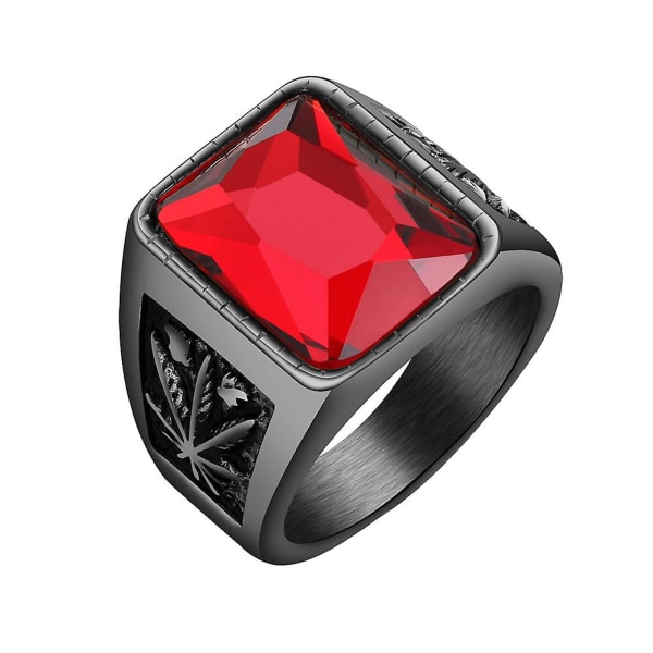 Mænd Square Rhinestone Udskåret Maple Leaf Band Titanium stål Ring smykker gave Black US 8 Red..