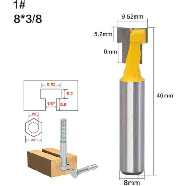 2 ST 8 mm skaft T-spår set Träskärning T-spår Träbearbetning T-spår fräsar för 9,52 mm och 12,7 mm sexkantsbult Yello