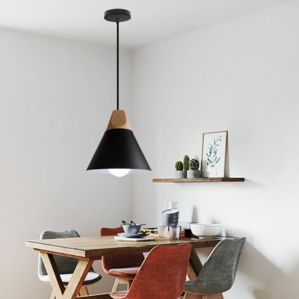Creative Industrial Pendel Lampe Massivt Træ Soveværelse Stue Dekorativ Pendel Lampe (Sort) - Sort