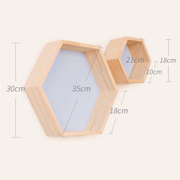 Massivt trä vägghylla display hylla, honeycomb hexagonal form (stor + liten, blå)