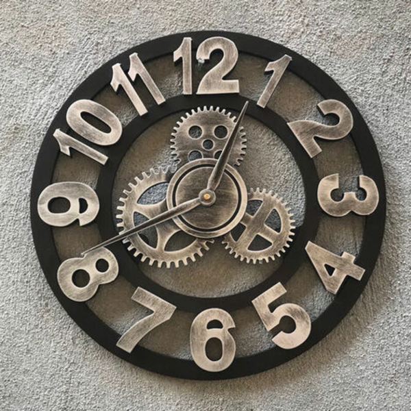 3D Suuri Hiljainen Puinen Seinäkello Retro Klassinen Retro Gear Seinäkello Roomalainen Numerokello Eurooppalainen Steampunk Olohuone