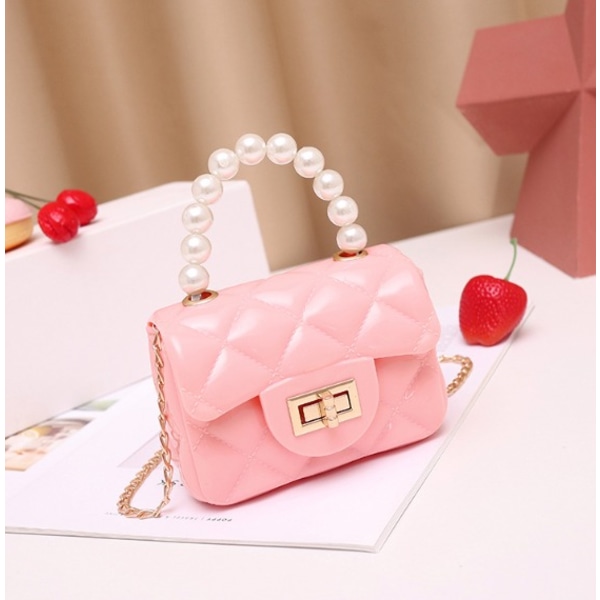 Pearl Handväska Mini One Shoulder Crossbody Chain Bag Lingge Jelly Liten fyrkantig väska (Rosa)