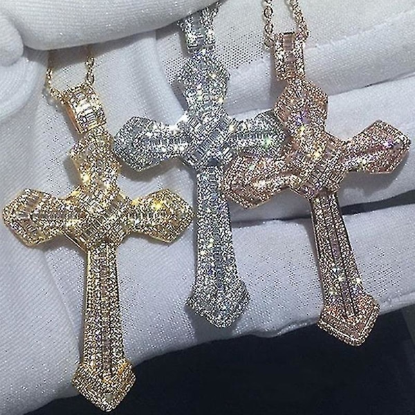 Luksus Big Zircon Cross Pendant halskæde til kvinder og mænd Rock Party smykker Rose Gold