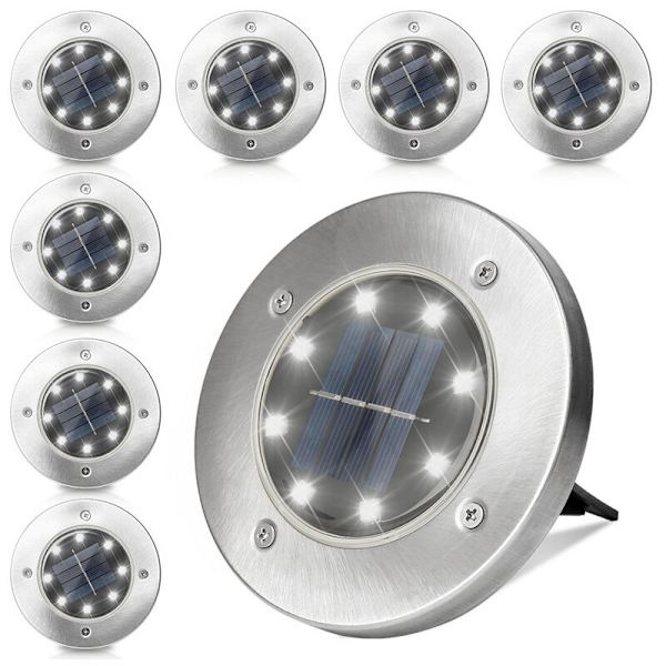 8X LED Solar Have Spotlight Solar Gårdsplads Lampe IP65 Udendørs Ground Spot Lampe Rustfrit Stål 8LEDs Cool White - Silv