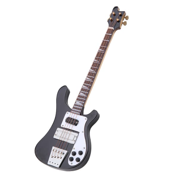 Miniatyr sort basguitar replika med stativ og etui - perfekt gave til musikelskende