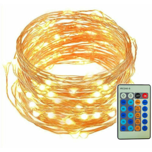 20M 200 LED koppartrådsljus, fjärrkontrollslingor, kan vävas vattentäta stjärnslingor, varmt ljus