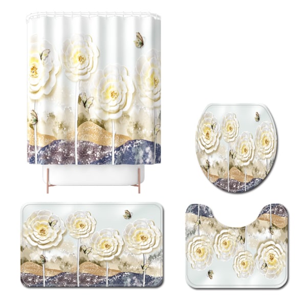 Fyra delars set målade och printed golvmattor präglade plommonblommor Birdie polyester duschdraperi, N03,