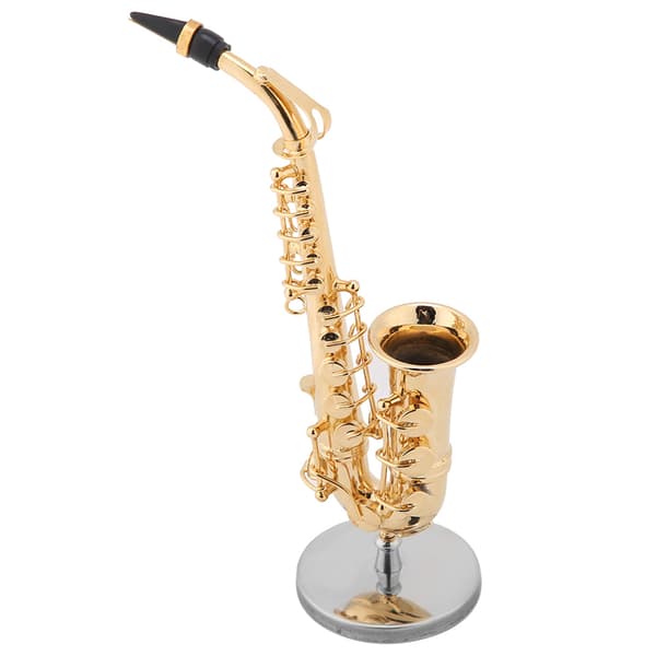 Miniature Altsaxofon Replika med Stativ og Etui Guldbelagt Instrument Model Ornament