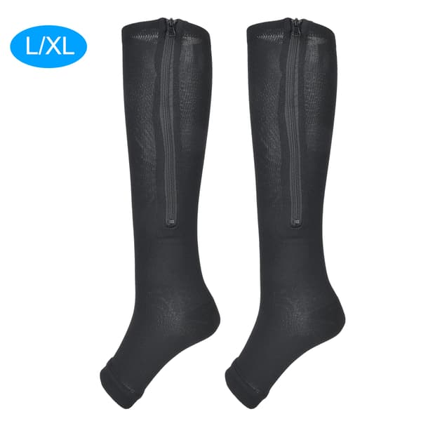 1 par lynlås mellemlange kompressionsstrømper slanke leggings strækstrømper åben tå (sort L XL)