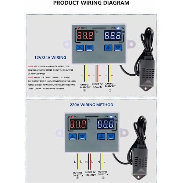 Intelligent digital temperatur- og fugtighedsregulator (12V)
