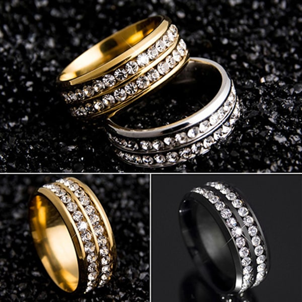 Ring bred bredd Fadeless titan stål dubbla rader strass unisex smycken för bröllopsfest Silver US 9