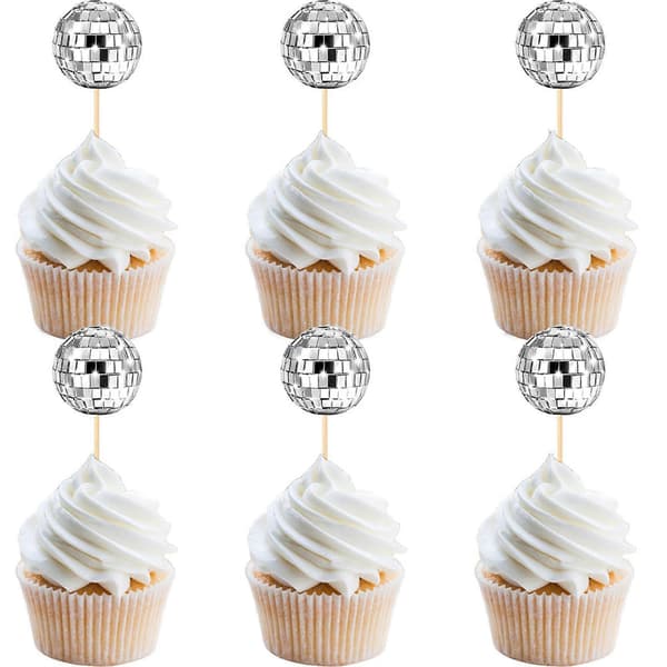 24 stk. reflekterende discokule-cupcaketopper kakedekorasjoner til bryllup, bursdagsfest, desserttilbehør, sølv Silver