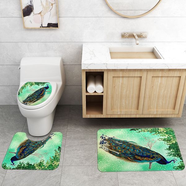 Peacock- printed wc-lattiamatot Set, neliosainen liukumaton matto,