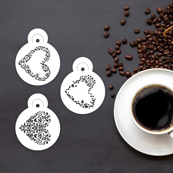 2 X 3 st kreativa hjärtmönster kaffestencil Vacker dekorativ husdjurs kaffemall för hemmet