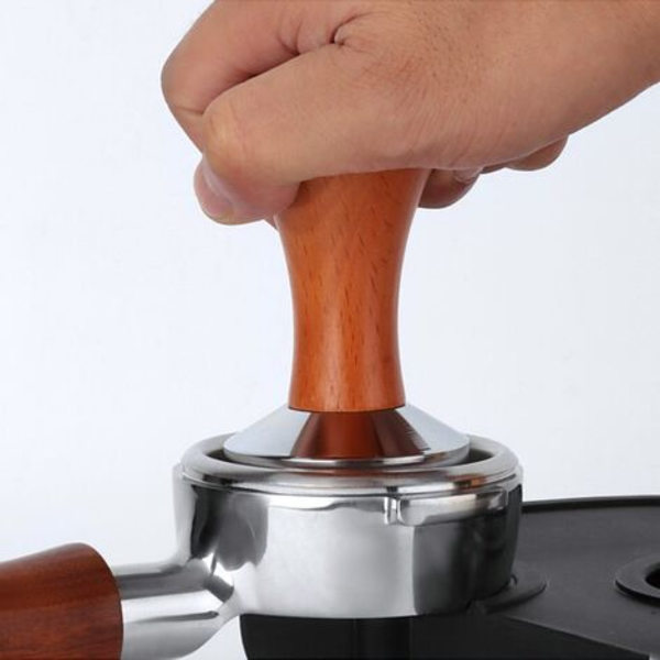 Kompaktor, mørk træhammer massivt rustfrit stål flad bund espressofyld, espresso tamper