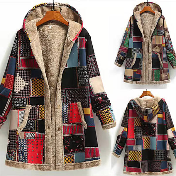 Vinter retro damejakke med varmt print og fortykket hætte red L