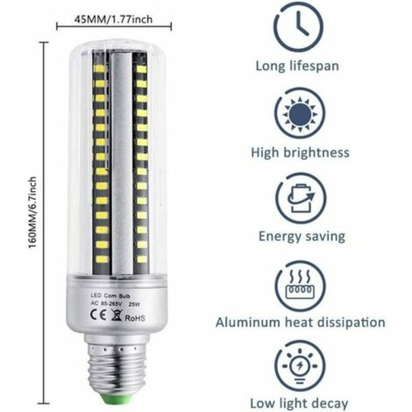 E27 25W LED-lampa varmvit 3000K, 2500LM Hög ljusstyrka, halogenekvivalent 200W glödlampa, ej dimbar, E27 L
