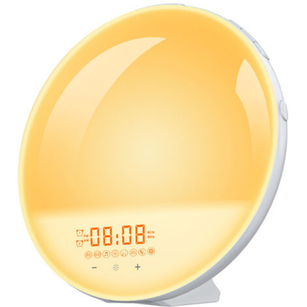 Vækkeur med lys, clockradio daggry og skumringssimulator 7 naturlige lyde Snooze-funktion FM-radio Gul LED-seng