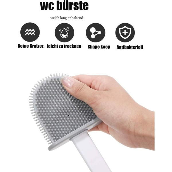 Silikone toiletbørste, toiletbørste til badeværelse med hurtigtørrende holder, kan stå eller hænge (hvid)