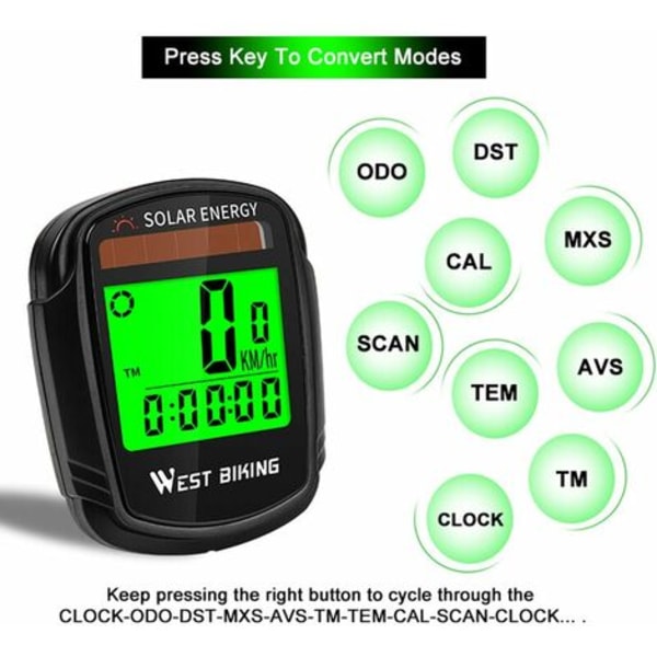 Solcelledrevet cykelcomputer Trådløs Vandtæt cykel Speedometer Kilometertæller Auto Wake Up Cykelcomputer - Sort - Sort