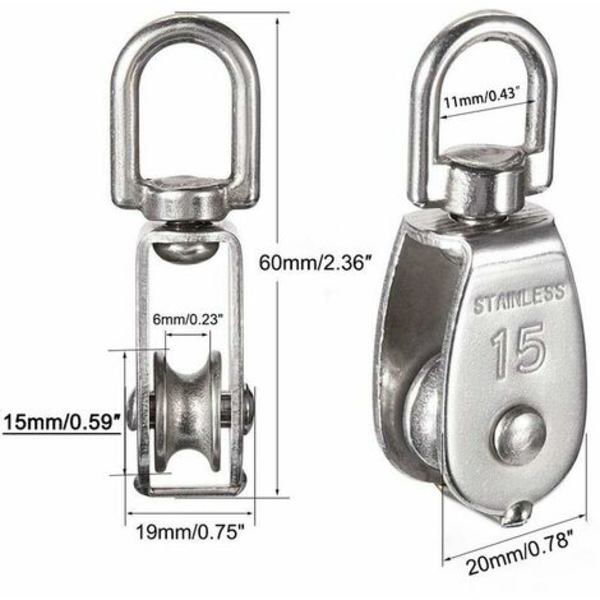 M15 304 rustfrit stål enkelt remskive, 15 MM enkelt remskive blokrulle, kran-drejelig krog Glat wire-reb Kabelbelastning