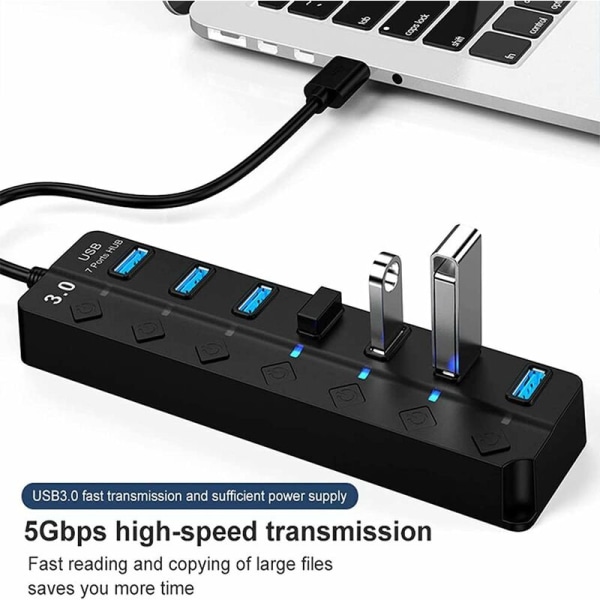 USB Hub, 7 Port USB 3.0 Hub, USB Data Multi-Port Hub Splitter med individuelle tænd/sluk-kontakter, USB-udvidelse til MacBook
