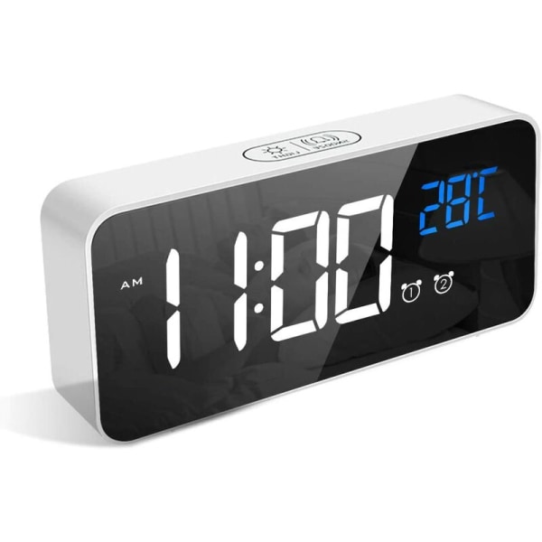 Digital väckarklocka, spegel LED musik digital klocka, röststyrning, 4 justerbar ljusstyrka, dubbla larm, temperatur, Sn