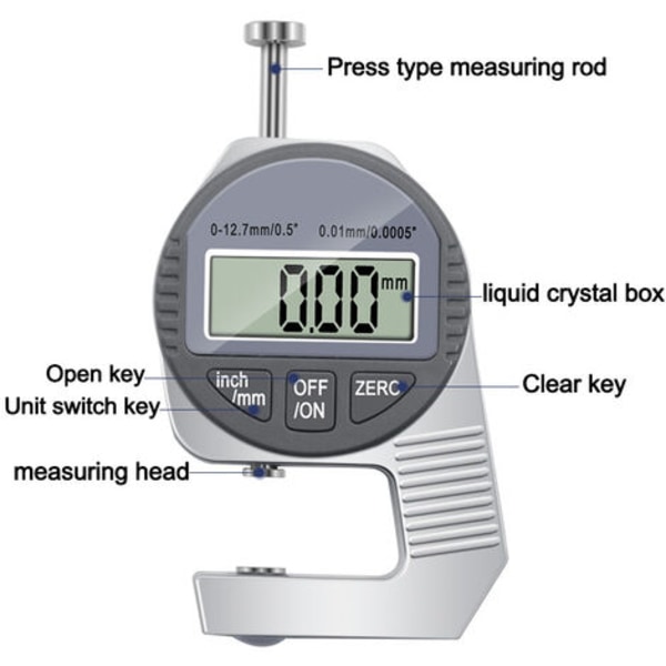 Digitaalinen paksuusmittari, 0-12,7 mm LCD-näytön digitaalinen mittari, koteloitu elektroninen mikrometrin paksuuskehys Fonepro-nahkakankaalle paksuusnumero