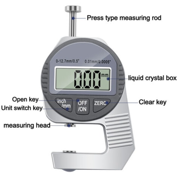 Digital tjockleksmätare, 0-12,7 mm LCD-skärm Digital mätare, innesluten elektronisk mikrometer tjockleksram för Fonepro Lädertyg Tjocklekssiffra