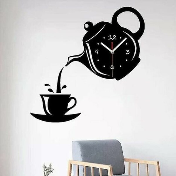 Creative teekannu vedenkeitin seinäkello, 3d akryyli kahvikuppi seinäkello, musta