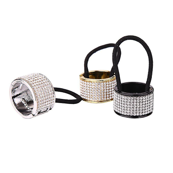 Rhinestone Glitter hästsvanshållare manschett metall hårband Gothic Punk hårhållare Elastiskt hårbandsrep (3 st, svart+guld+silver)
