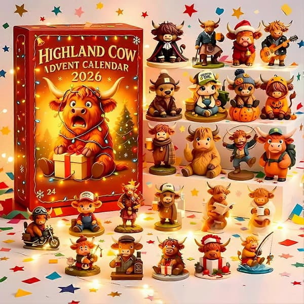 Jule Highland Ko Julekalender, 24 stk. samleobjekter 3D Ko Figurer, Nedtællingspynt Gave 24 Days