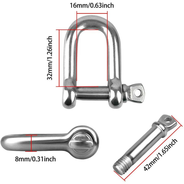 Bågbygel 4 delar M8 rostfritt stål D-form Kedjebygel Lyftspänne Lyftkedjeschackel med gängad skruv P