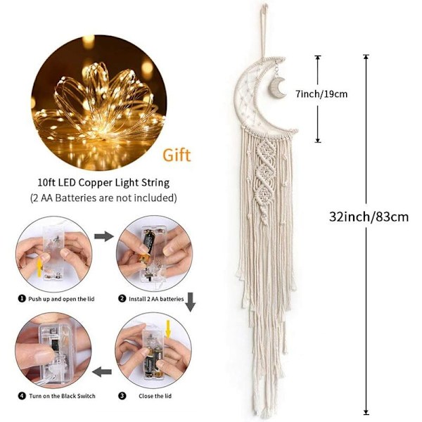 Boheemi makrame-seinäteline LED-valolla, puuvillaneulottu Dreamcatcher Moon -seinävaahto tupsuilla koristeet