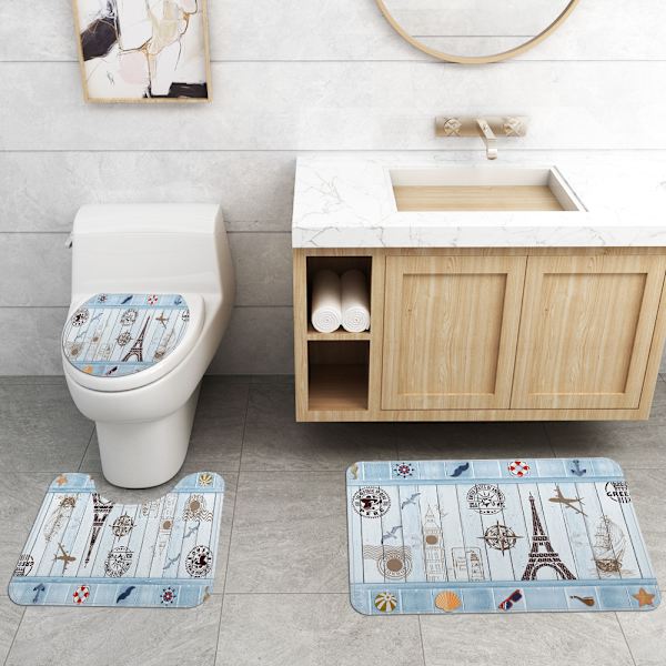 Akvarel Landmark Bygning Badeværelsesgardin PEVA Toilet Bruseforhæng Vandtæt og Mug Matchende Krog,