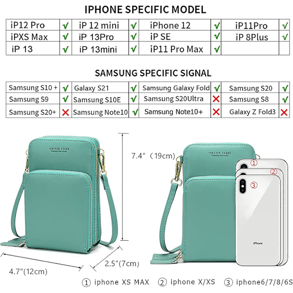 Liten Crossbody mobiltelefonväska för kvinnor, Mini Messenger Shoulder Handväska plånbok med kreditkortsfack A916-878 Green