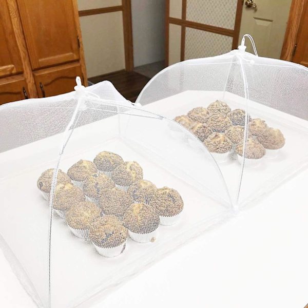 2-pack mesh pop-up matskydd, 16 tums hopfällbart paraplystil skyddstält för att hålla flugor, insekter, myggor ute, vit