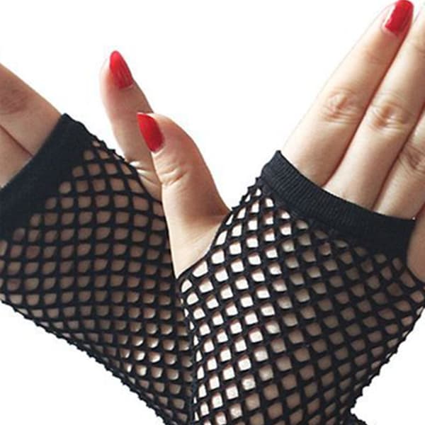 Åndbare bløde mesh lange sorte halvfingerhandsker punkstil til Halloween julefestbal