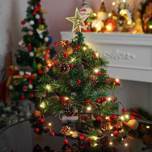 Christmas Berry Holly Garland, 200 cm LED-lyssnor Julebær Pinjekogler Garland Deco til julehåndværksindretning（1