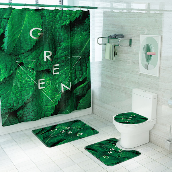 Green Leaf Print Bruseforhæng Toilet Gulvmåtte Firedelt tæppe Gulvmåtte Vandtæt bruseforhæng Hængegardin, A,