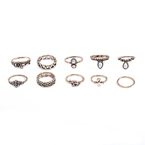 10 st Elephant Moon Flower Strass Dam Vintage Above Knuckle Midi Ring Set Antique Gold