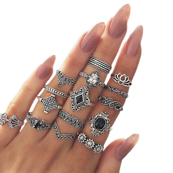 11/13/15 st snidade blomma Stapelbara knogringar Legering Bohemia Black Faux Gem Finger Ringar Smycken Tillbehör 2