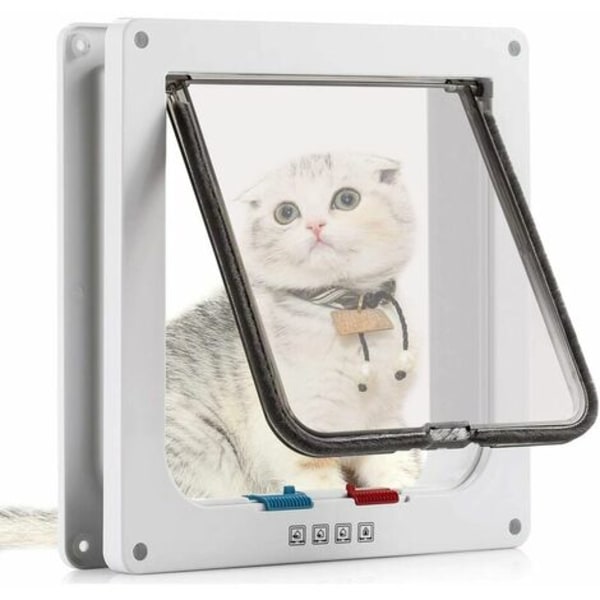 Kattlucka med 4-vägsmagnet, husdjursdörr för katter och små hundar, kattdörr med tunnel (M-19,7x19x5,5cm, vit)