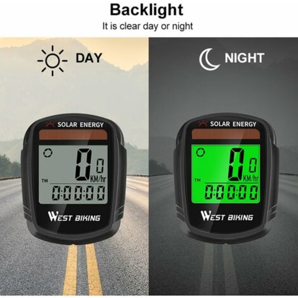 Solcelledrevet cykelcomputer Trådløs Vandtæt cykel Speedometer Kilometertæller Auto Wake Up Cykelcomputer - Sort - Sort