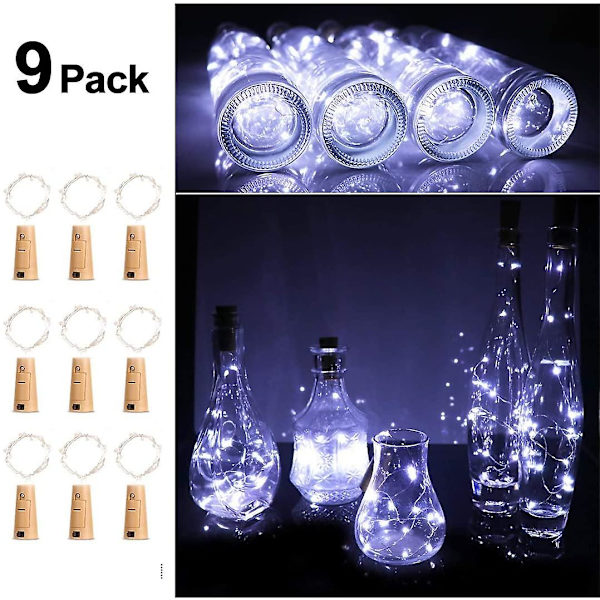 Vinflaskljus, kallvit, 2m Längd 20LED, 9st