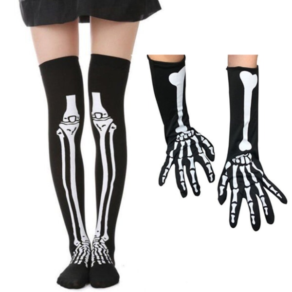 Halloween Bone Gloves Masquerade Ghost Festival Skeleton Bones Long Gloves Cosplay Bone Gloves Strumpor (Handskar + Strumpor),