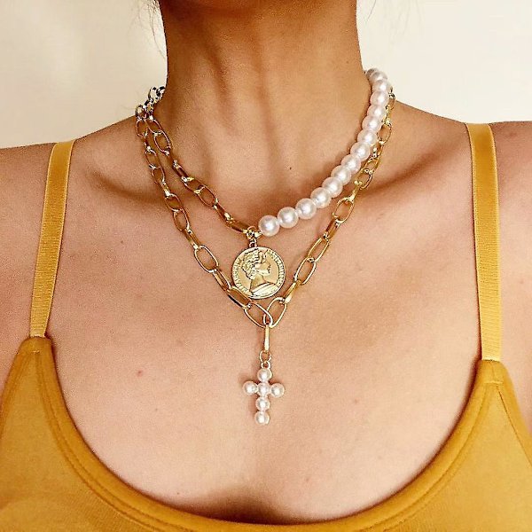 Halskæde Cross Pearl Choker Fashion smykker B1845 N1908-6