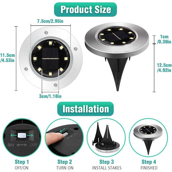 8LED rustfrit stål solar underjordisk lys (8LED underjordisk hvidt lys), til udendørs, have, gård