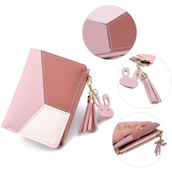 Kort damepung med enkel og alsidig pompom med lynlås (pink),