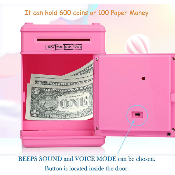Adgangskode ATM sparegris, pink+sølv, 13,5*12*19cm
